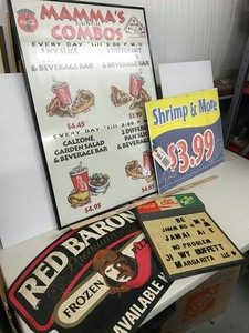 lot 562 image: Food Related Framed Poster Menu, Shrimp Sign, Plastic Red Baron Pizza