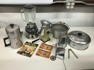 lot 576 image: Mid-Century Osterizer Blender, Hand Crank GrinderChopperSlicer, Coffee Pot, Pot, Etc.