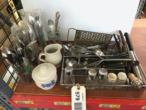 lot 579 image: Flatware, Drawer Organizer, Drinking Glasses, Salt & Peppers, Etc.