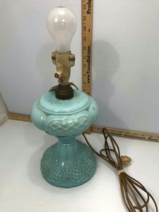 lot 591 image: (1) Lamp Antique Blue Glass ( Converted Oil Lamp)