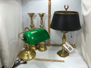 lot 594 image: Brass Desk Lamp with Black Shade, (2) Brass Candlesticks, (1) Bankers Lamp