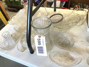 lot 595 image: Assorted Clear Glass Serving Bowls, Vases, Plates, Etc.