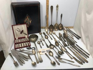 lot 597 image: Assorted Plated Flatware & Serving Pieces, Old Presentation Box