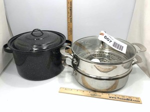 lot 607 image: (2) Cooking Pots Precision Induction Cookware by Hearthware, Speckled Enamel