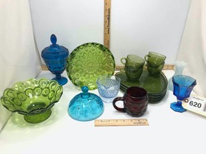 lot 620 image: Asst. Colored Glassware Bowls, Cup, Votive Holder, Sandwich Sets, Etc.