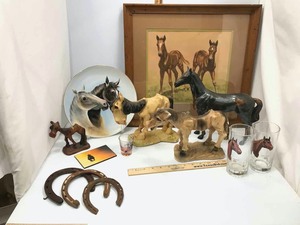 lot 621 image: Horses Cups, Figures, Painted Plate, Vintage Framed Print, Horse Shoes
