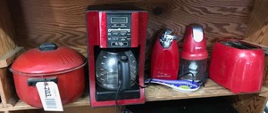 lot 703 image: Red Cooking Pot, Coffee Pot, Processor, Can Opener, Toaster