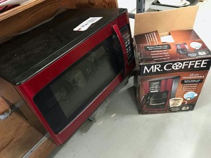 lot 704 image: Microwave Oven (Red) and a Coffee Maker (white)