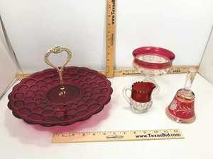 lot 708 image: Cranberry Tid Bit Tray, Compote, Creamer, Bell