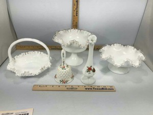 lot 710 image: Vintage Glass (2) Ribbon Edge White Compotes, Milk Glass Basket, (1) Hand Painted & Signed Fenton Vase, Hand Painted & Signed Hand Bell