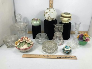 lot 714 image: Antique Dresser Top Items Ring Holder, Powder Jars, Vase, Candy Dish, Etc.