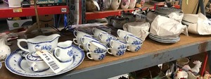 lot 715 image: Arabia, Made in Finland, Blue & White Dish Set (purchased from Ebensbergers Gift Shop in 1950, Boerne)