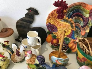 lot 718 image: Chicken & Roosters Canister Set, Marble Cheese Board, Metal Cutout, Platter, Figurines, Etc.