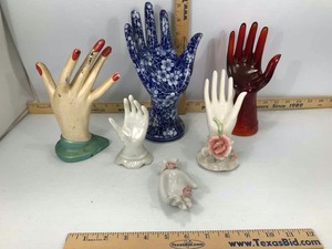 lot 720 image: (6) Hand Figures Red Glass, Porcelain, Painted Chalk