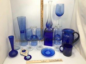 lot 630 image: Asst. Blue Glass Wine Glasses, Vases, Coffee Cup, Evil Eye, Water Glasses, Pitcher