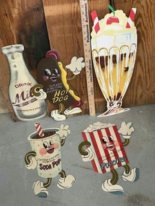 lot 649 image: (5) Tin Signs Sunday, Milk, Soda Pop, Popcorn, Hot Dog