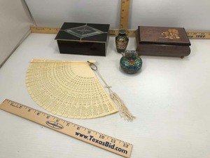 lot 656 image: Musical Jewelry Box,  Glass Trinket Box, (2) Cloisenne Mini Vase, Musical Lidded Jar with Elephant, Plastic Hand Fan