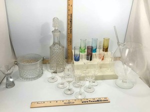 lot 661 image: Glass Barware  Shot Glasses, Ice Bucket, Decanter, Martini Pitcher, Cordials