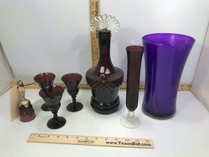 lot 663 image: Purple  Decanter & Glasses, Vases, Bell