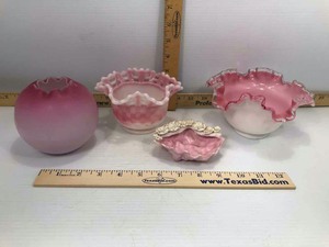 lot 669 image: Fenton Open Lattice Top Vessel, ribbon edge compote, globe shaped vase, ceramic ring dish