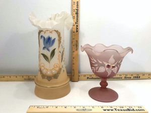 lot 670 image: (2) Antique Satin Glass Painted Vases