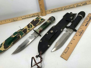 lot 726 image: (2) Knives Survival Style with Compass, Stone, Tools inside