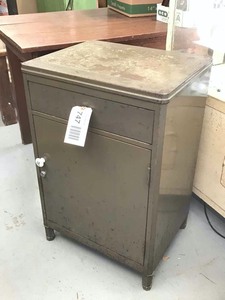 lot 747 image: Vintage O.D. Green Metal Cabinet with Drawer (Art Metal, Jamestown New York)