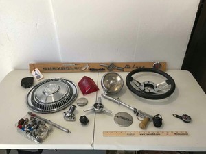 lot 748 image: Asst. Vehicle Parts, Pieces, Emblems, Spot Light, Tire Gauge (west germany)