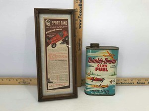 lot 758 image: (2) Vintage Advertising Items Thimble-Drone Ad From Popular Science and an empty Glow Fuel Tin
