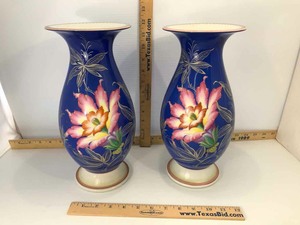 lot 789 image: (2) Heinrich Vases Pink Tropical Flower on Bright Blue