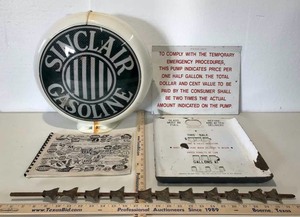 lot 819 image: Gas Pump Memorabilia Porcelain Enamel Tank Front, Sign, Sinclair Gasoline Premium Pump Topper, Tank Measure
