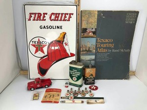 lot 821 image: Texaco Old Lubricant Cans, Die Cast Truck, Pencils with Button Tops, Farm Notebook, Patch, Ruler, Etc.