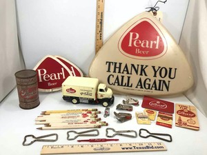lot 825 image: Pearl Beer Memorabilia Plastic Sign Front, Patches, Pencils, Openers, Church Keys, Sewing Kit, Die Cast Delivery Truck, Etc.