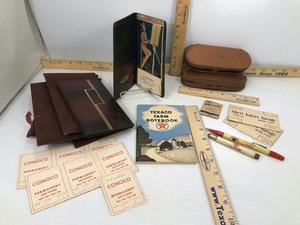 lot 829 image: Texaco & I.A. Kutzer, Boerne, Phone 49 1942 Pocket Calender, Toura-Kit Sunglass Leather Cases, Pencils, Cards, Etc.