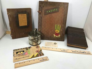 lot 830 image: Old Boerne Guest Logs (1944, 1945) & Calender 1964, Old Card From H.O. Adler Family & Flour Sifter