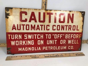 lot 833 image: Antique Porcelain Enamel Sign Magnolia Petroleum, Caution