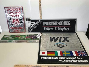 lot 843 image: (4) Tin Signs Dodge, Wix, Porter Cable, Quaker State