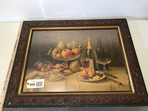 lot 850 image: Antique Framed Lithograph Still Life with Fruit & Wine in a really cool frame, carved