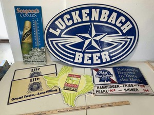 lot 852 image: Asst. BeerLiquor Tin Signs & (1) Oval Luckenbach Beer Poster Sign