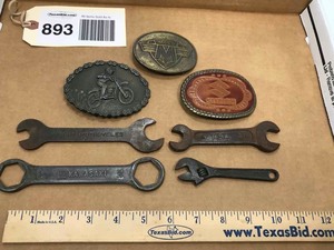lot 893 image: (4) Wrenches Proto, Indian Motorcycle, B.S.A.,Kawasaki and (3) Motorcycle Buckles