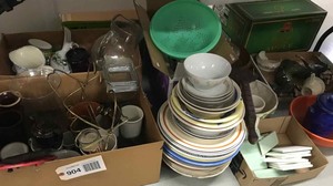lot 904 image: Asst. Dishes, Cups, Trivets, Plates, some broken figurines, etc.