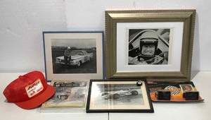 lot 921 image: A.J. Foyt Autographed Magazine Cover, Cap, Key Chain, (2) Framed Photos