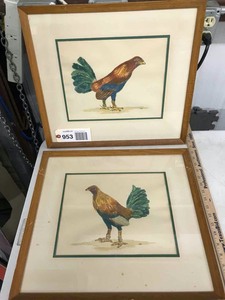 lot 953 image: (2) Watercolors, Framed Fighting Roosters