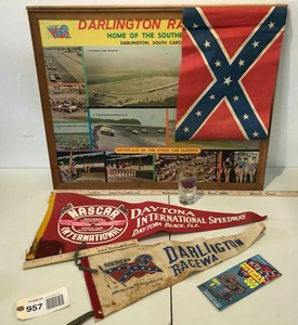 lot 957 image: Framed Poster Darlington Raceway Southern 500 & Rebel 300, Drinking Glass, (2) Pennants
