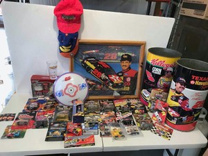 lot 962 image: Assorted Racing Collectibles Cars, Framed Poster, Waste Cans, Light Cover, (2) Autographed Caps, Etc.