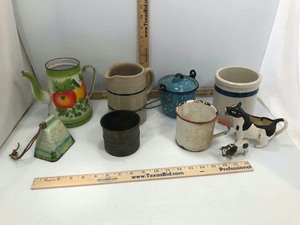 lot 980 image: Old Enamelware, Stoneware Pitcher & Crock, Painted Cow Bell, Flour Sifter