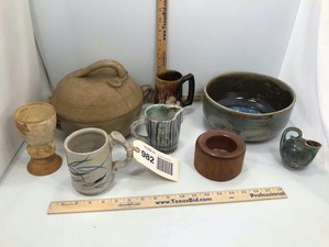 lot 982 image: Hand Thrown Pottery Bowls, Cups, Tureen, Pitcher
