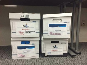 lot 36 image: Office Supplies (4) Boxes of note pads, labels, etc.
