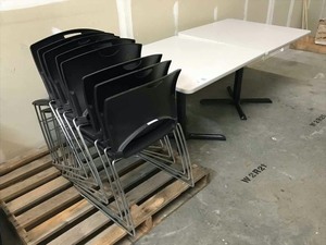 lot 1 image: Two 36 inch square tables and eight chairs