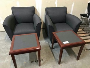 lot 2 image: Two Upholstered Chairs and two end tables